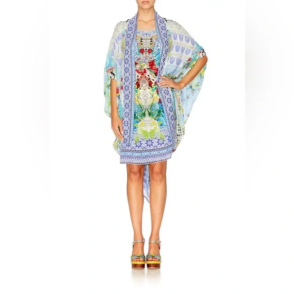 Camilla Open Front Cardi Cape Masking Madness 100% Silk Crystal Embellised OS